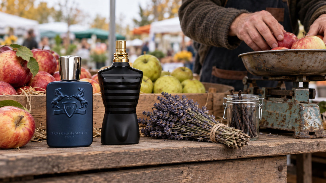 Parfums de Marly Layton a Le Male Le Parfum na stánku s jablky