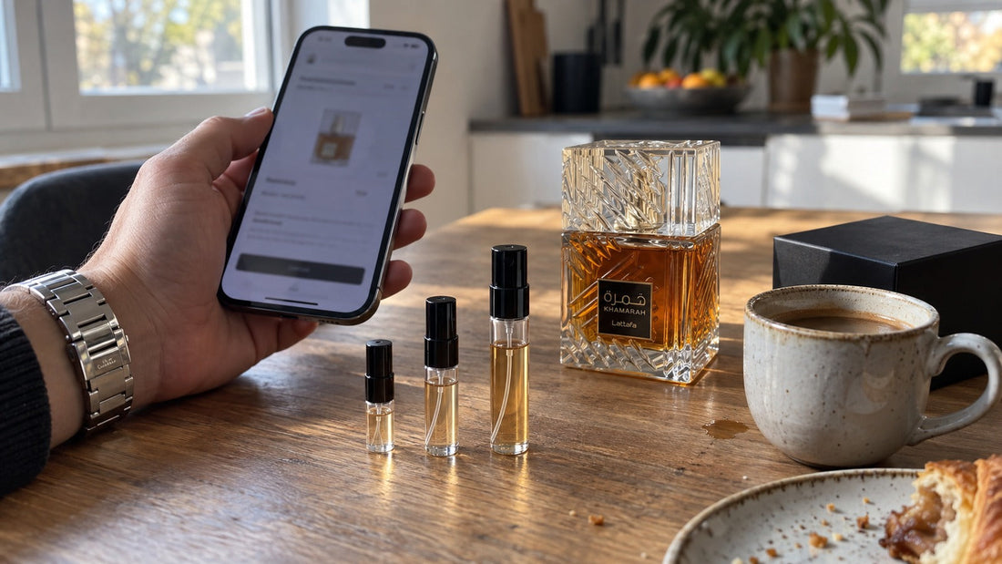 Vzorky parfému po 1, 3 a 10 ml vedle celého flakonu Lattafa Khamrah a mobilu.