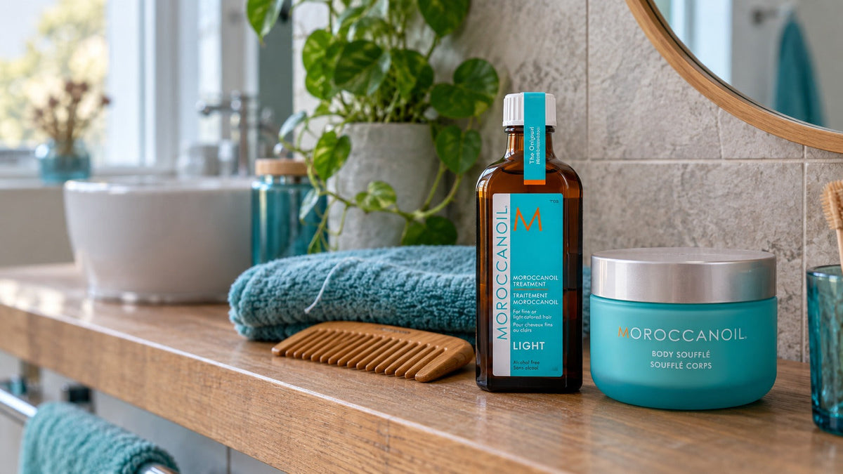 Olej Moroccanoil Treatment a Body Soufflé na polici v koupelně