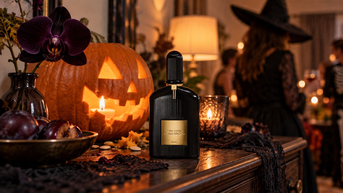 Tom Ford Black Orchid vedle vyřezané dýně a černé orchideje