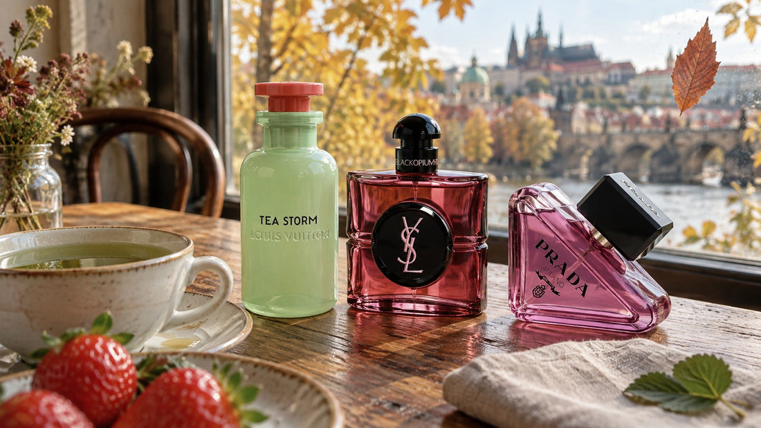 Podzimní parfémové novinky Tea Storm, Black Opium Pink Glaze a Paradoxe Sweet Chemistry na stole v kavárně.