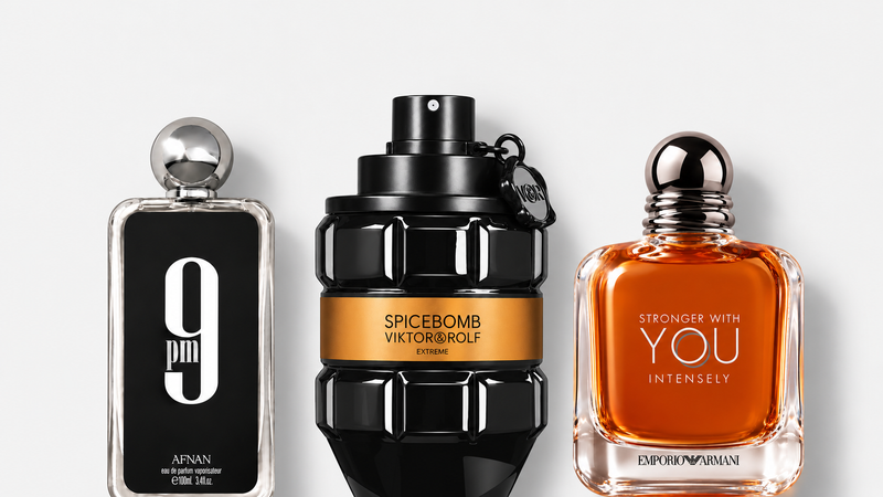 Pánské parfémy na zimu – Afnan 9pm EDP 100 ml, Viktor & Rolf Spicebomb Extreme EDP 90 ml, Giorgio Armani Emporio Armani Stronger With You Intensely EDP 100 ml, ilustrační fotografie