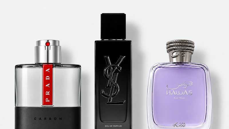 Pánské parfémy na jaro – Prada Luna Rossa Carbon EDT 100 ml, Yves Saint Laurent MYSLF EDP 100 ml, Rasasi Hawas EDP 100 ml, ilustrační fotografie