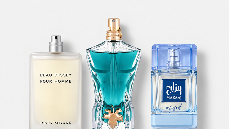 Pánské parfémy na léto – Issey Miyake L'Eau D'Issey Pour Homme 125 ml, Jean Paul Gaultier Le Beau 2019 75 ml, Zimaya Mazaaj Infused EDP 100ml, ilustrační fotografie