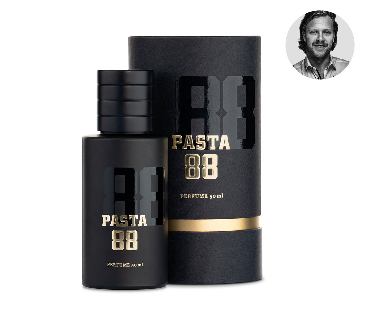 Pasta 88, černý flakon vedle černo-zlatého válcového balení – MrRizz