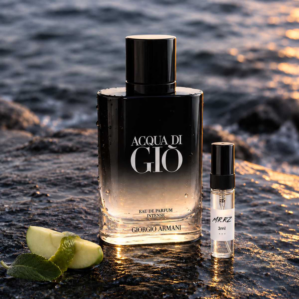 Giorgio Armani Acqua di Giò Eau de Parfum Intense – původní prostředí s lahvičkou vzorku MrRizz