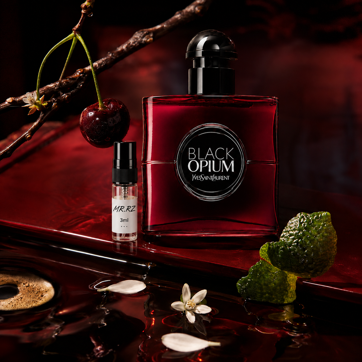YSL Black Opium Over Red – původní zátiší doplněné 3ml vzorkem MrRizz