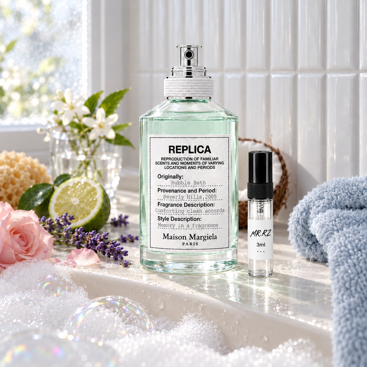 Maison Margiela Replica Bubble Bath – původní prostředí s lahvičkou vzorku MrRizz