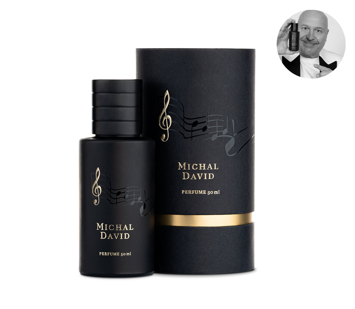Parfém Michal David, černý flakon s motivem not vedle válcového balení – MrRizz