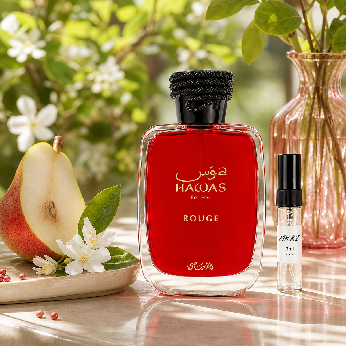 Rasasi Hawas Rouge – původní prostředí s lahvičkou vzorku MrRizz