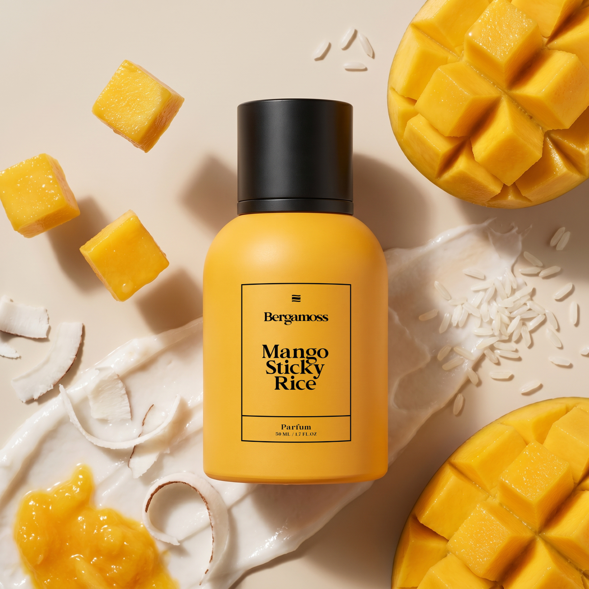 Bergamoss Mango Sticky Rice v detailním zátiší s mangem, kokosem a zrnky rýže – MrRizz