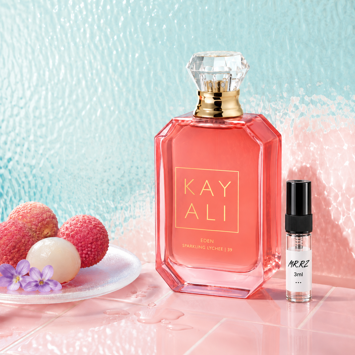 Kayali Eden Sparkling Lychee 39 – původní prostředí s lahvičkou vzorku MrRizz
