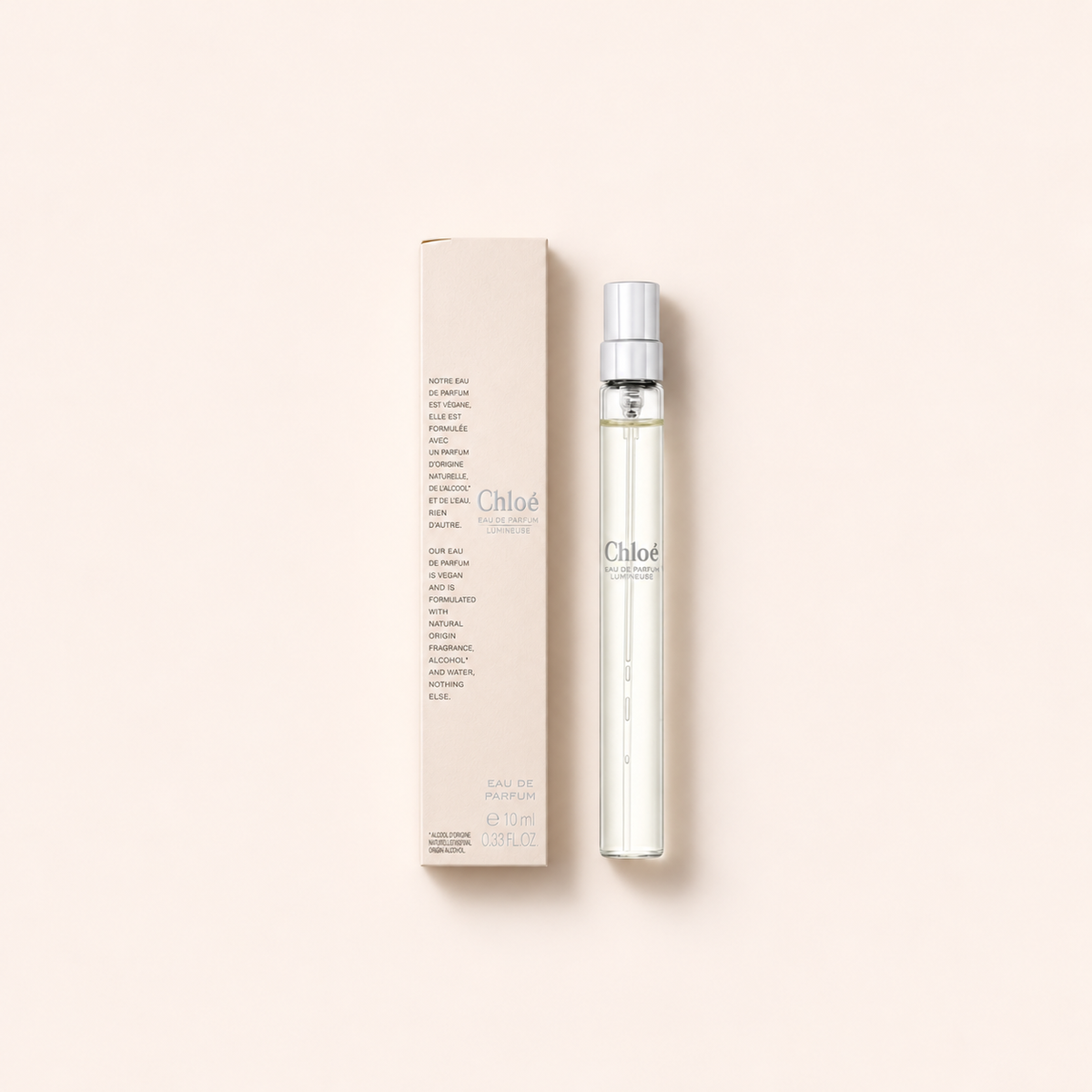 Chloé L'Eau de Parfum Lumineuse 10 ml – flakon s originálním obalem na béžovém pozadí, pohled shora