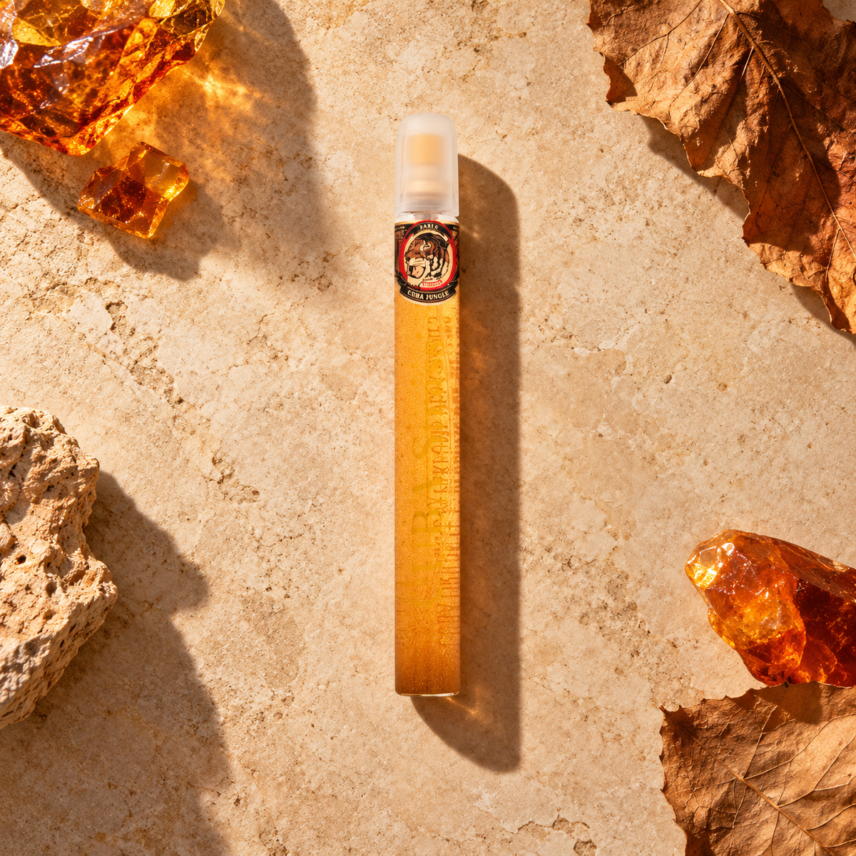 Cuba Strass Tiger 35 ml – parfém v prostředí, pohled shora s bočním stínem