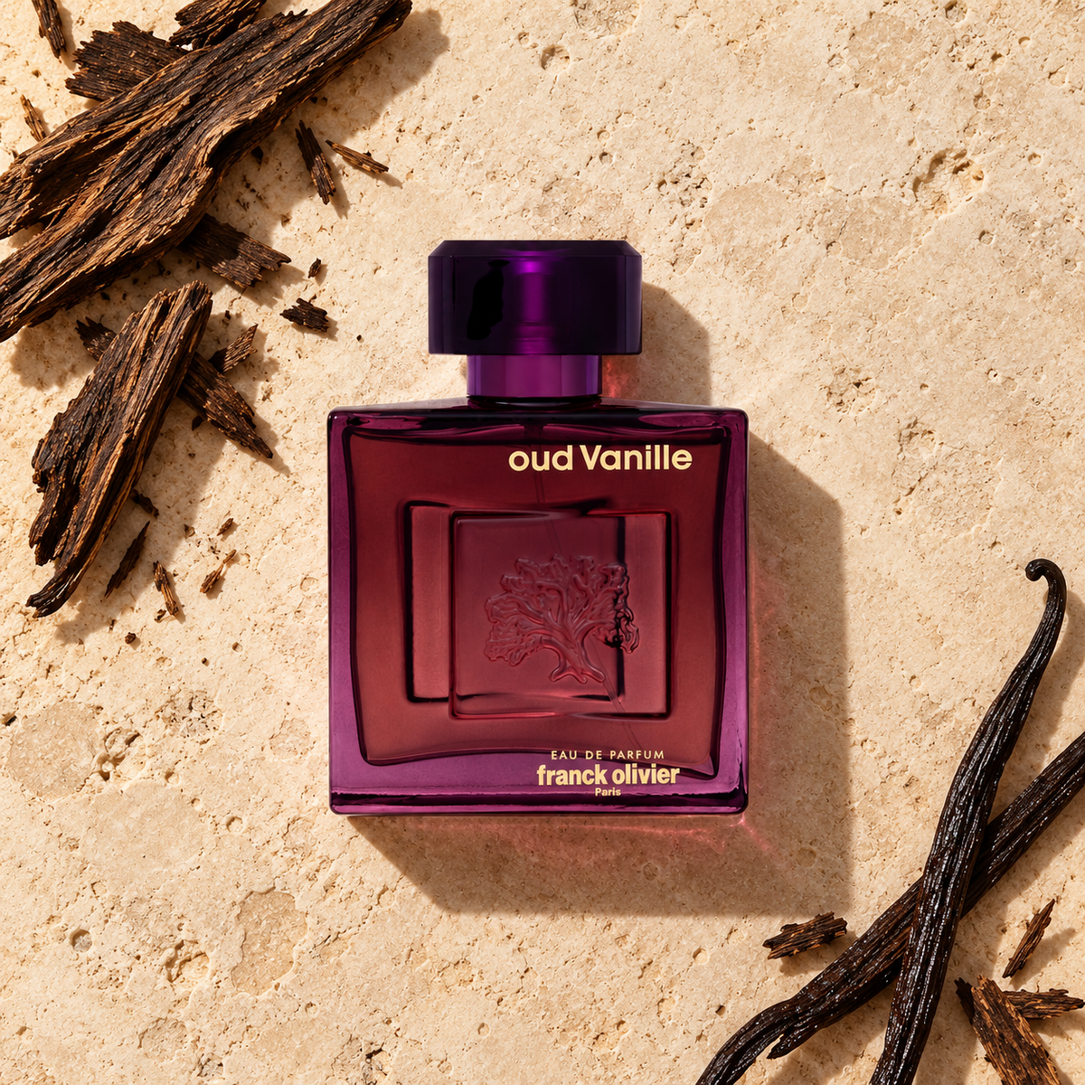 Franck Olivier Oud Vanille 100 ml – parfém v prostředí, pohled shora s bočním stínem