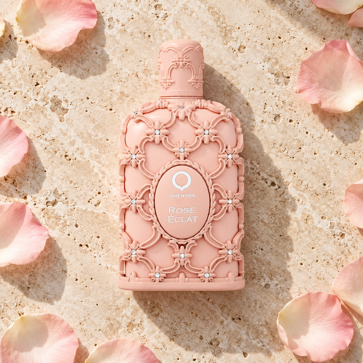 Orientica Luxury Collection Rose Éclat EDP 80 ml – parfém v prostředí, pohled shora s bočním stínem