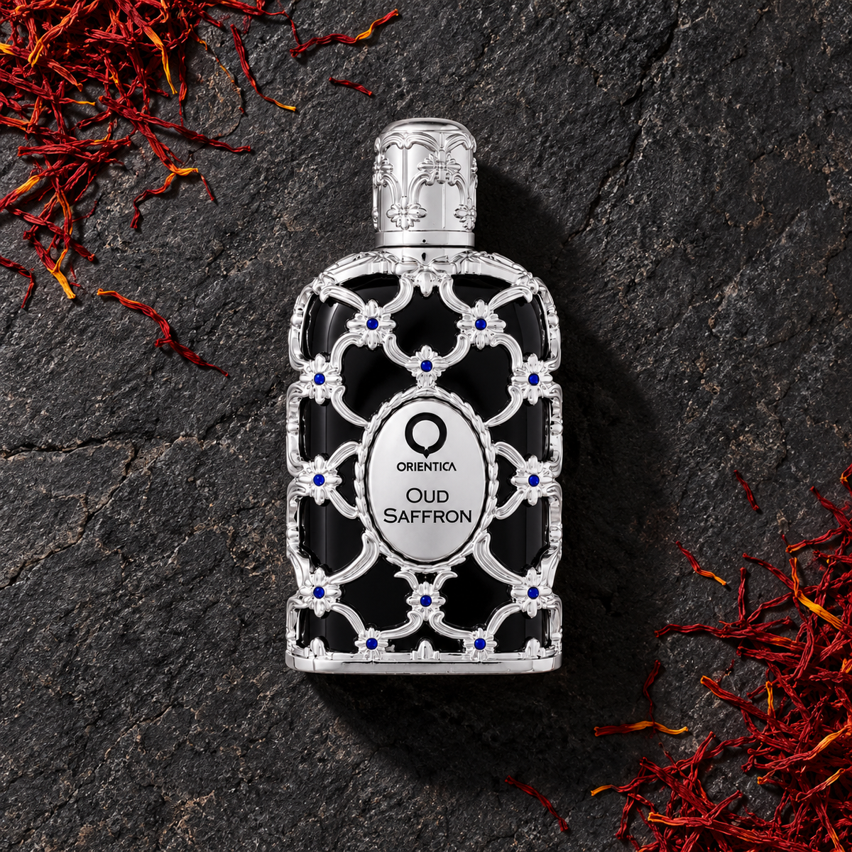 Orientica Luxury Collection Oud Saffron EDP 80 ml – parfém v prostředí, pohled shora s bočním stínem