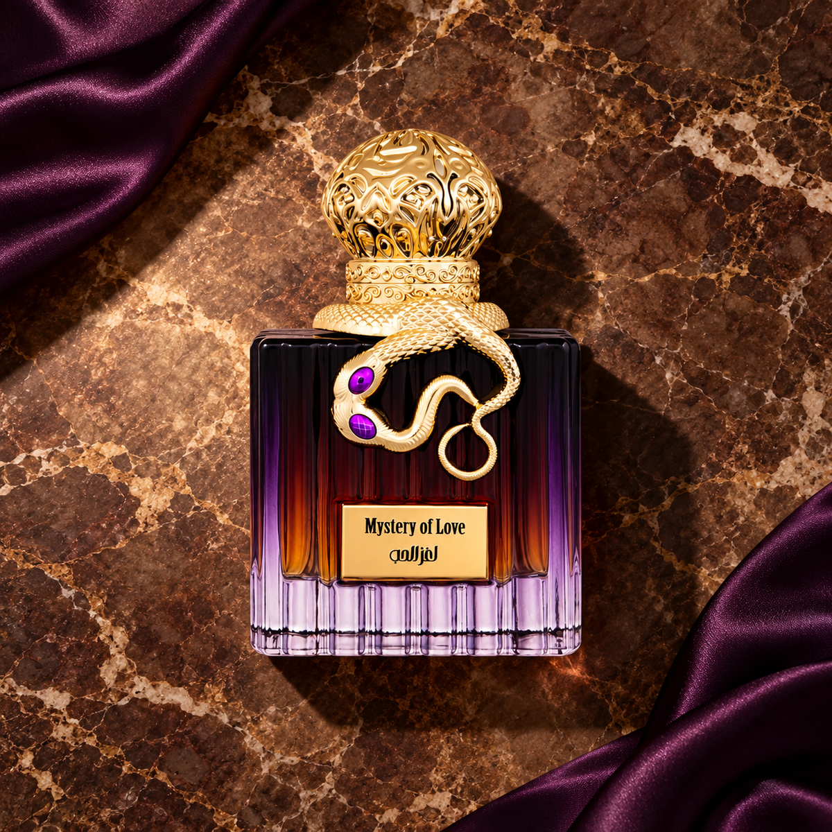 Al Malakia Mystery Of Love 100 ml – parfém v prostředí, pohled shora s bočním stínem