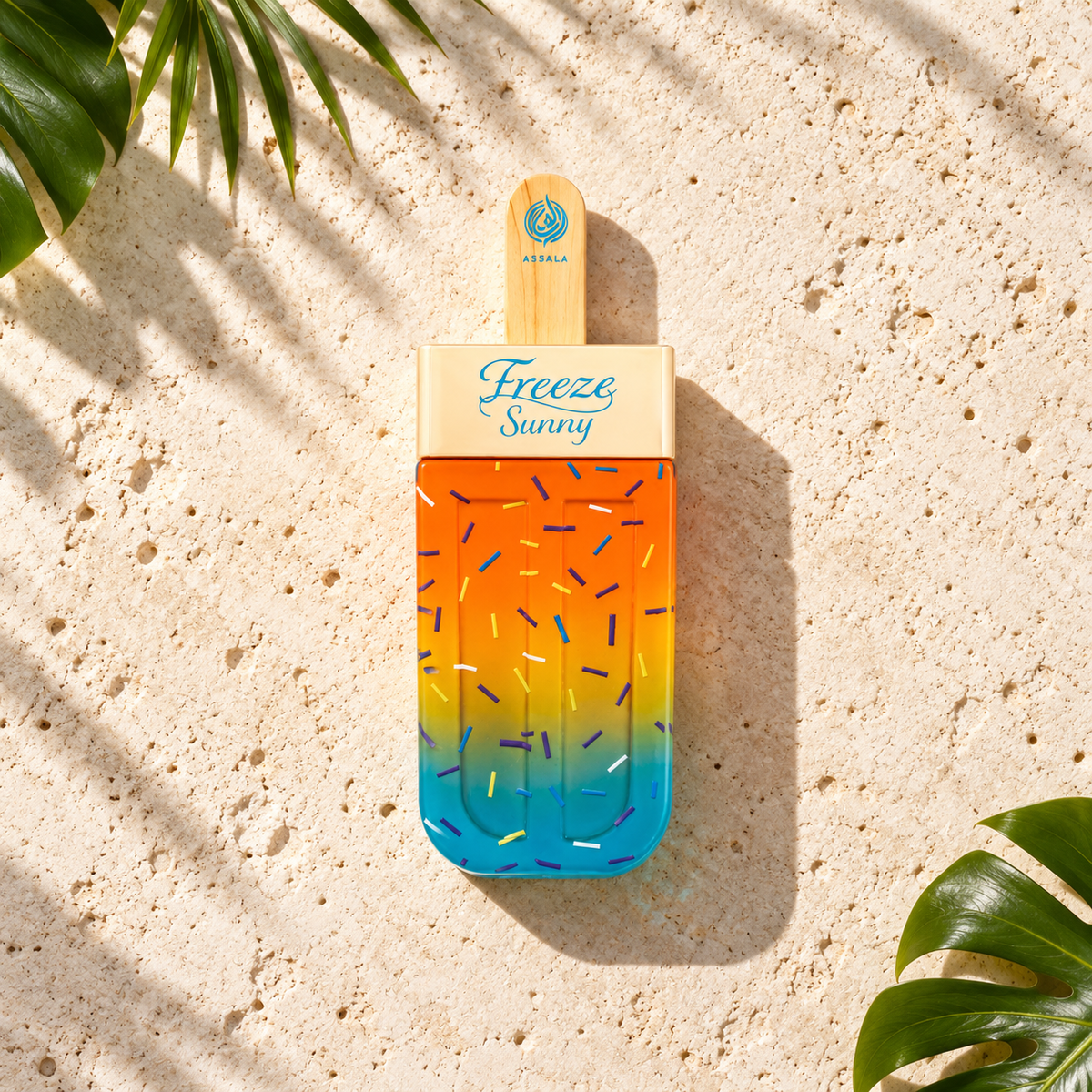 Assala Prime Freeze Sunny 85 ml – parfém v prostředí, pohled shora s bočním stínem