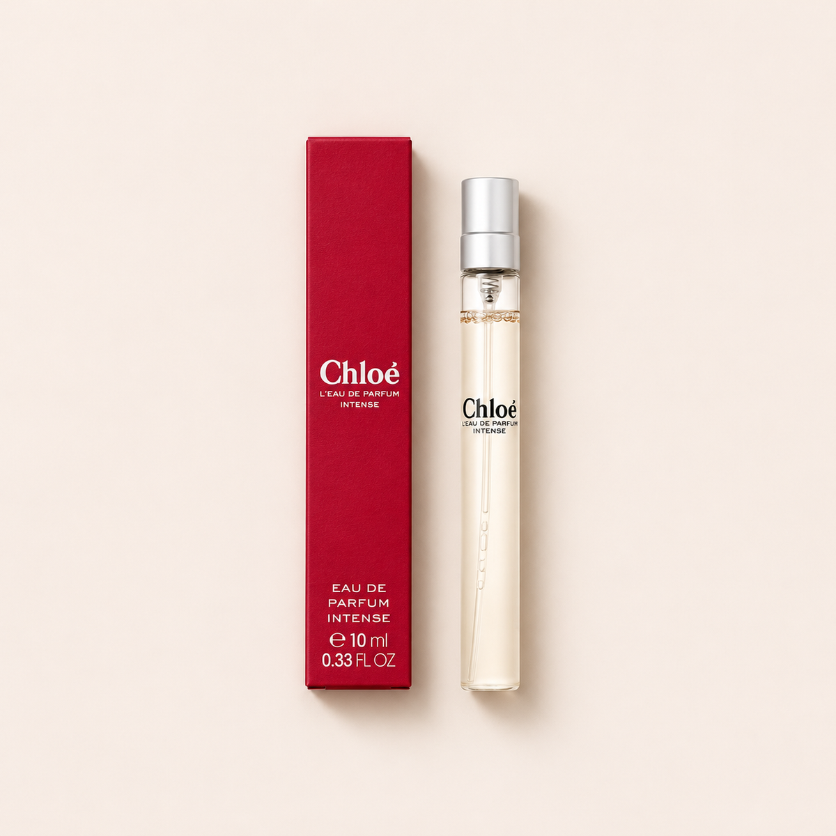 Chloé L’Eau de Parfum Intense EDP 10 ml – flakon s originálním obalem na béžovém pozadí, pohled shora