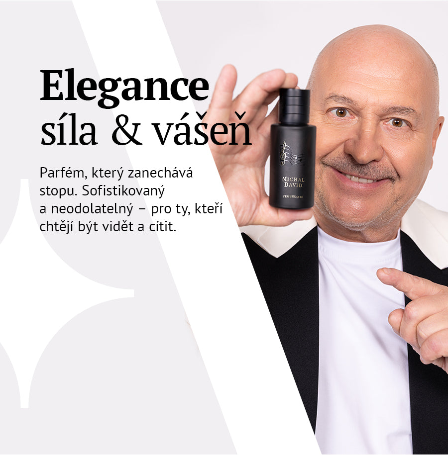 Reklamní banner parfému Michal David s mužem a heslem Elegance, síla a vášeň – MrRizz