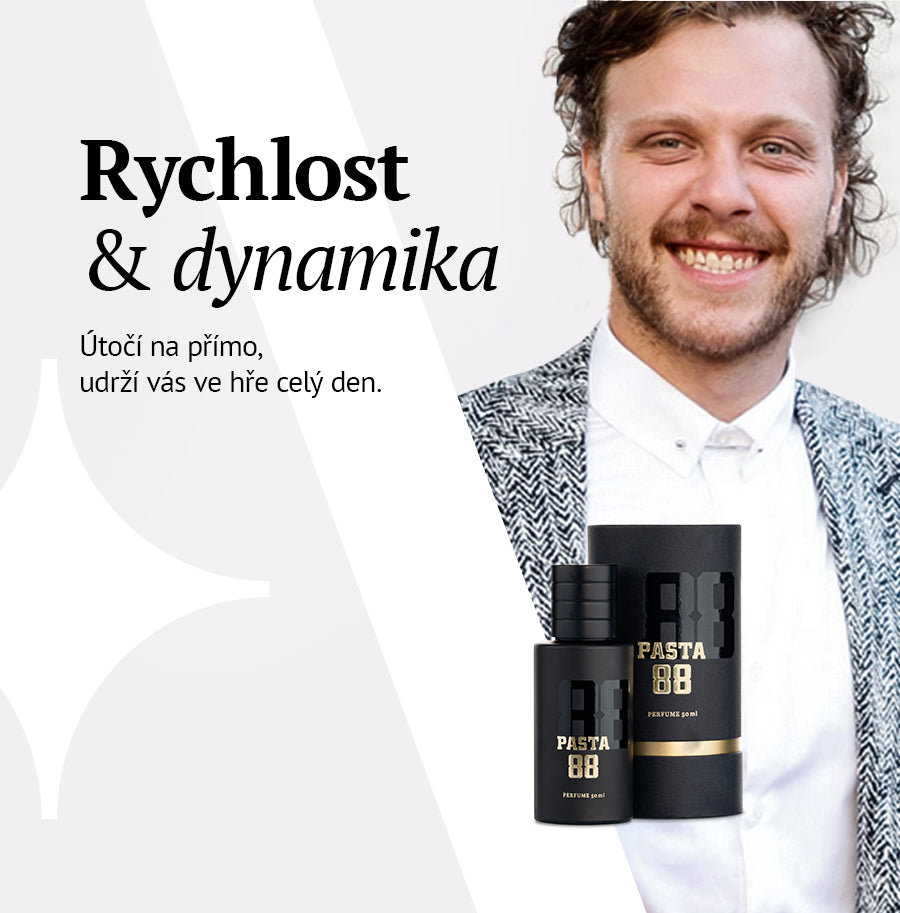 Reklamní banner Pasta 88 s mužským portrétem, flakonem a heslem Rychlost a dynamika – MrRizz