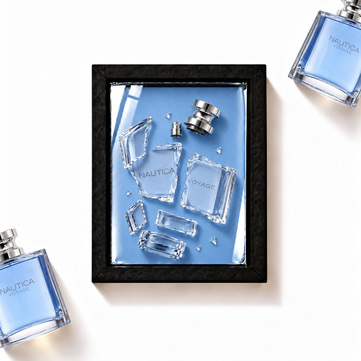 Parfemovy obraz Nautica Voyage EDT v cernem ramu - ilustracni fotografie