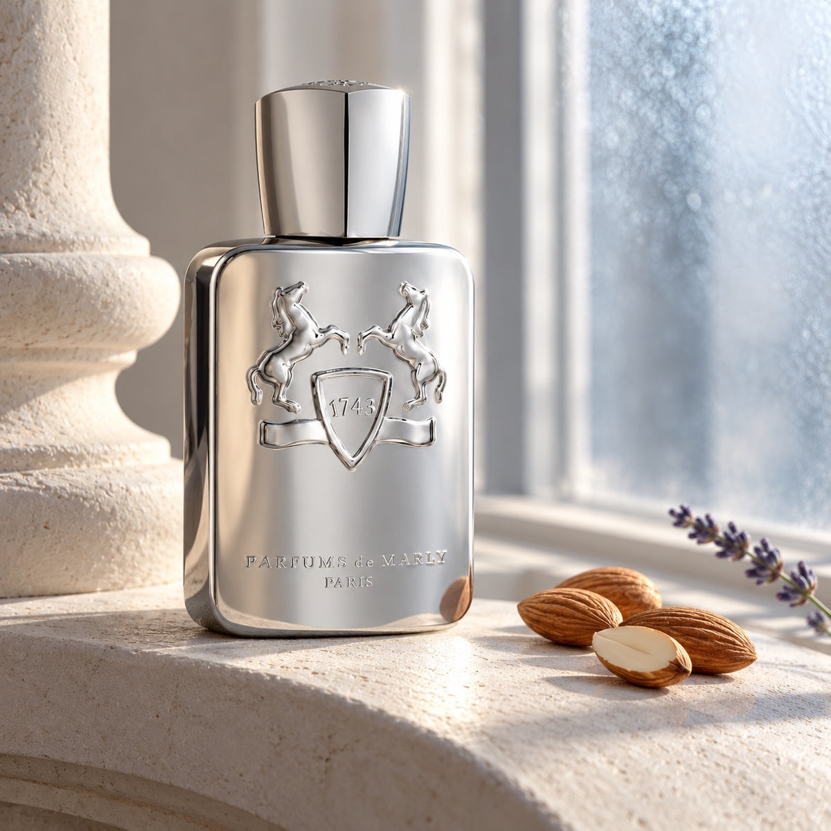 Parfums de Marly Pegasus parfémovaná voda 125 ml, stříbrný flakon s mandlemi v jemném zimním světle – MrRizz