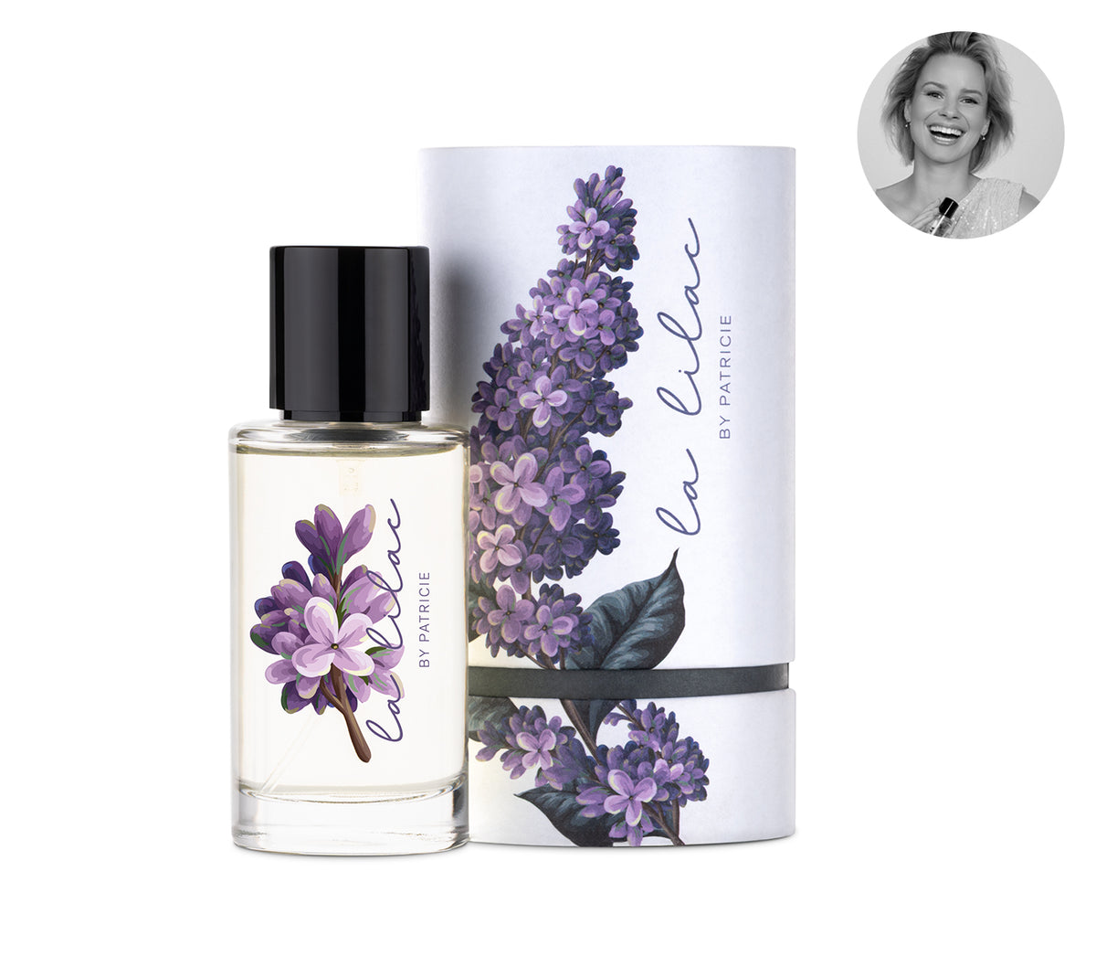 La Lilac by Patricie, průhledný flakon vedle válcového balení s motivem šeříku – MrRizz