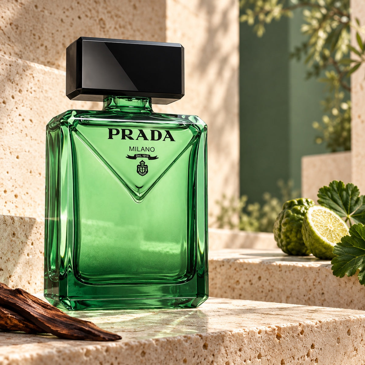 Prada Paradigme v travertinovém zátiší s bergamotem a pelargónií – MrRizz