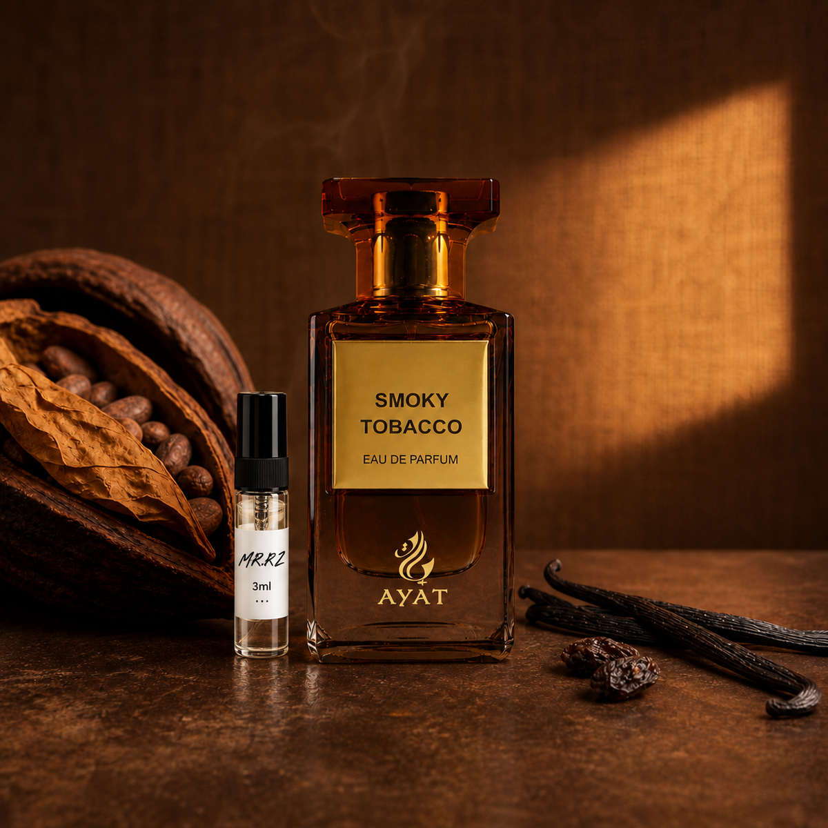 Ayat Perfumes Smoky Tobacco – původní prostředí s lahvičkou vzorku MrRizz