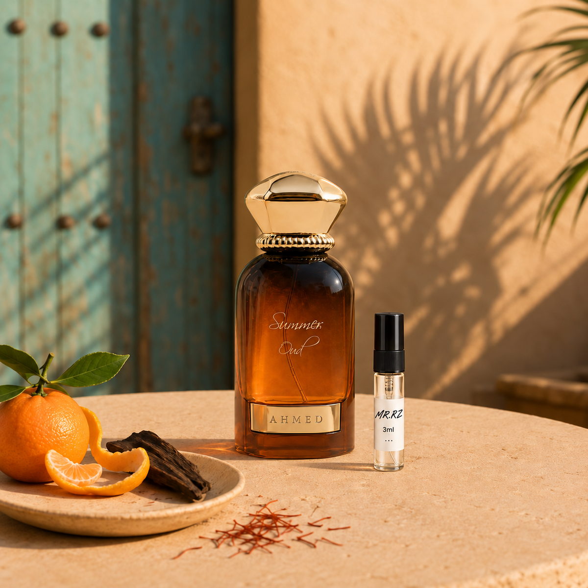 Ahmed Al Maghribi Summer Oud – původní prostředí s lahvičkou vzorku MrRizz