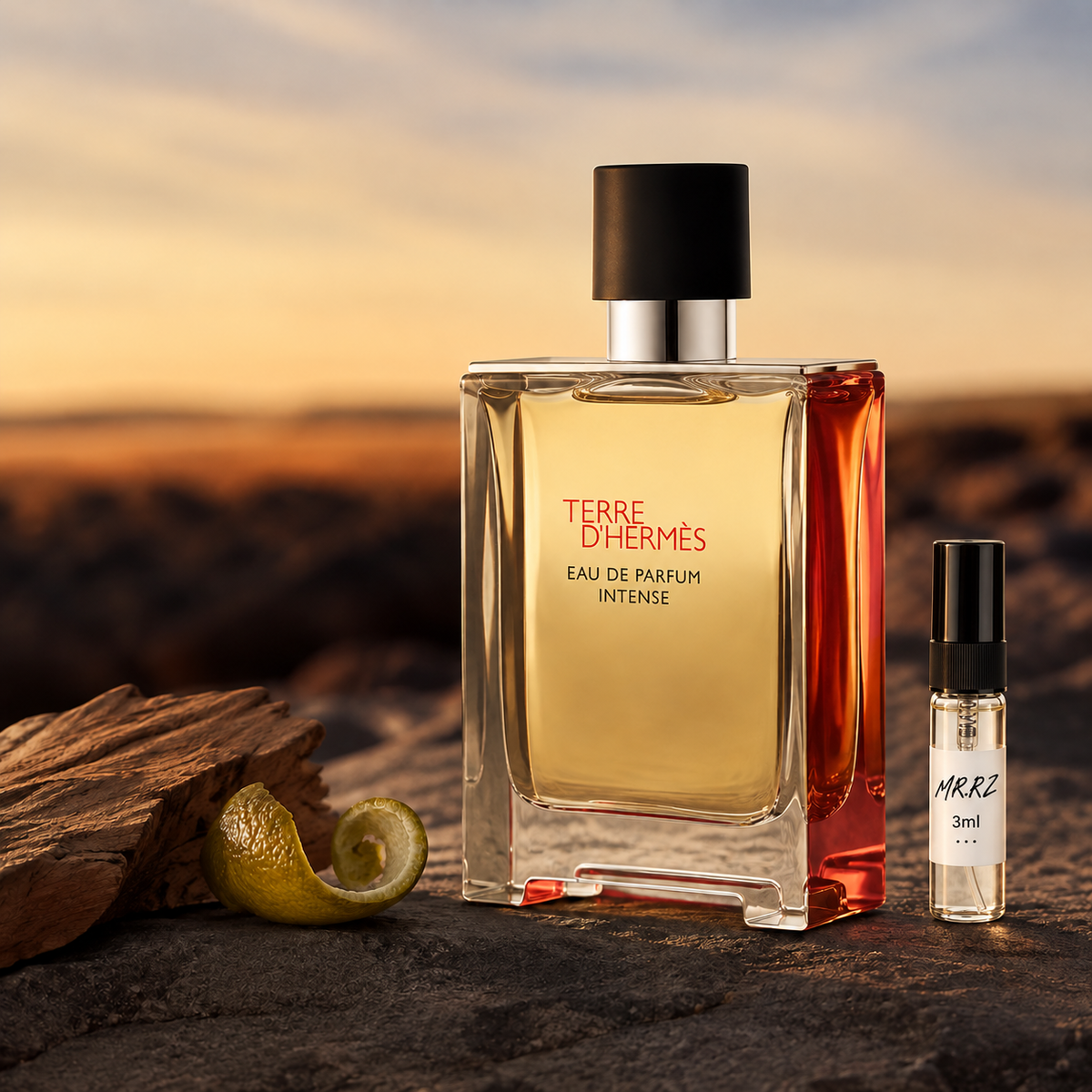 Hermès Terre d'Hermès Intense – původní prostředí s lahvičkou vzorku MrRizz