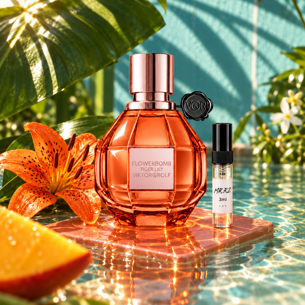 Viktor & Rolf Flowerbomb Tiger Lily – původní prostředí s lahvičkou vzorku MrRizz