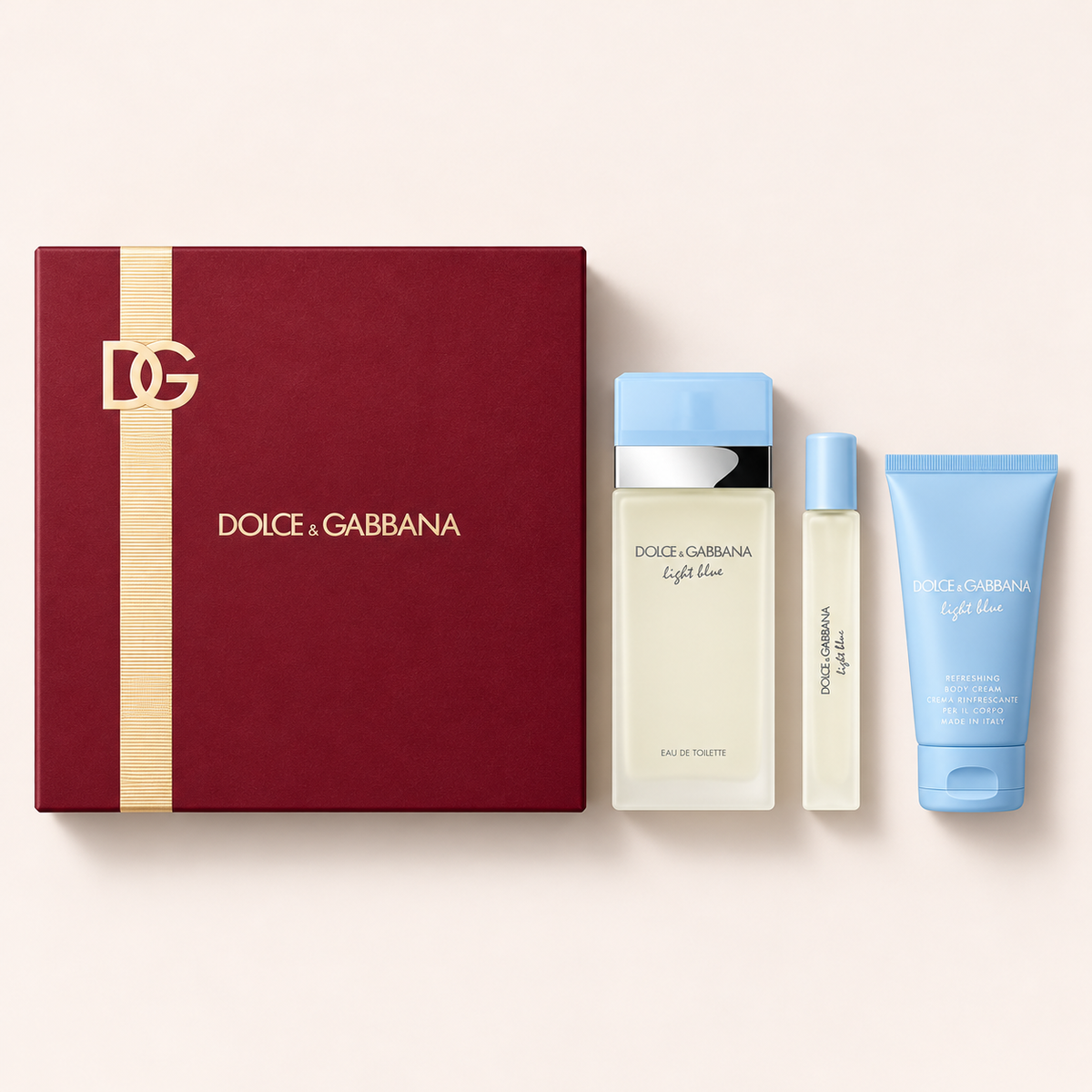 Dolce&Gabbana Light Blue dárková sada s toaletní vodou 100 ml, cestovním sprejem 10 ml a tělovým krémem 50 ml – MrRizz