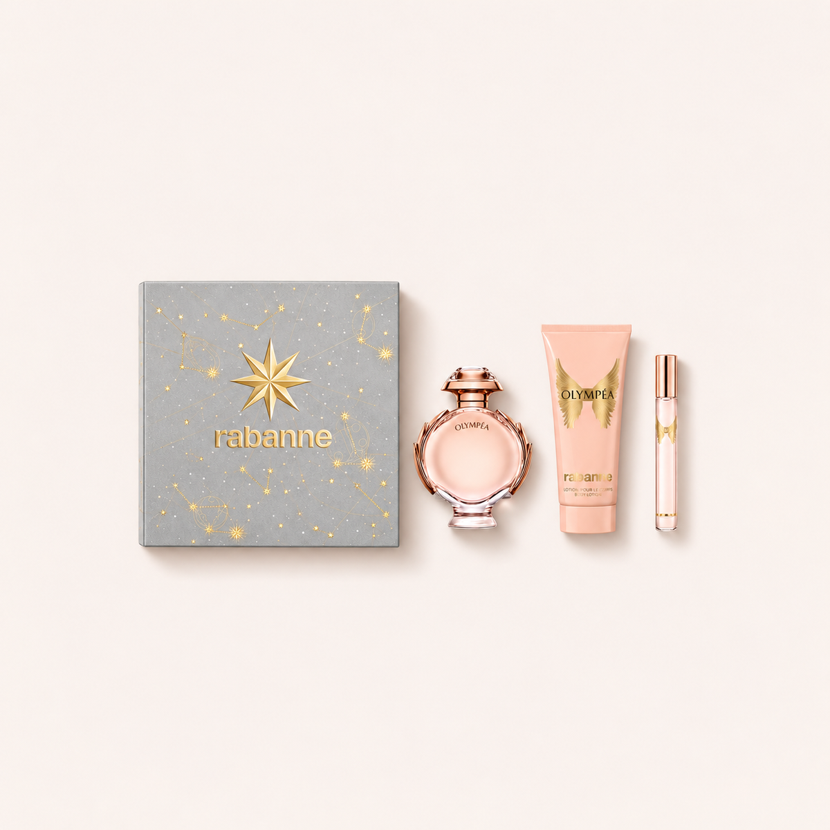Rabanne Olympéa – sada Eau de Parfum 80 ml, tělové mléko 100 ml a cestovní sprej 10 ml