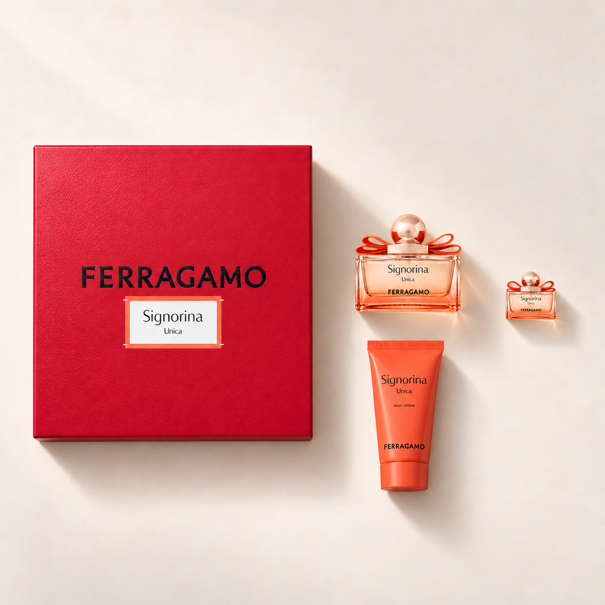 Produktová fotografie dárkového setu Ferragamo Signorina Unica 100 ml, miniatury 5 ml a tělového mléka 50 ml – MrRizz