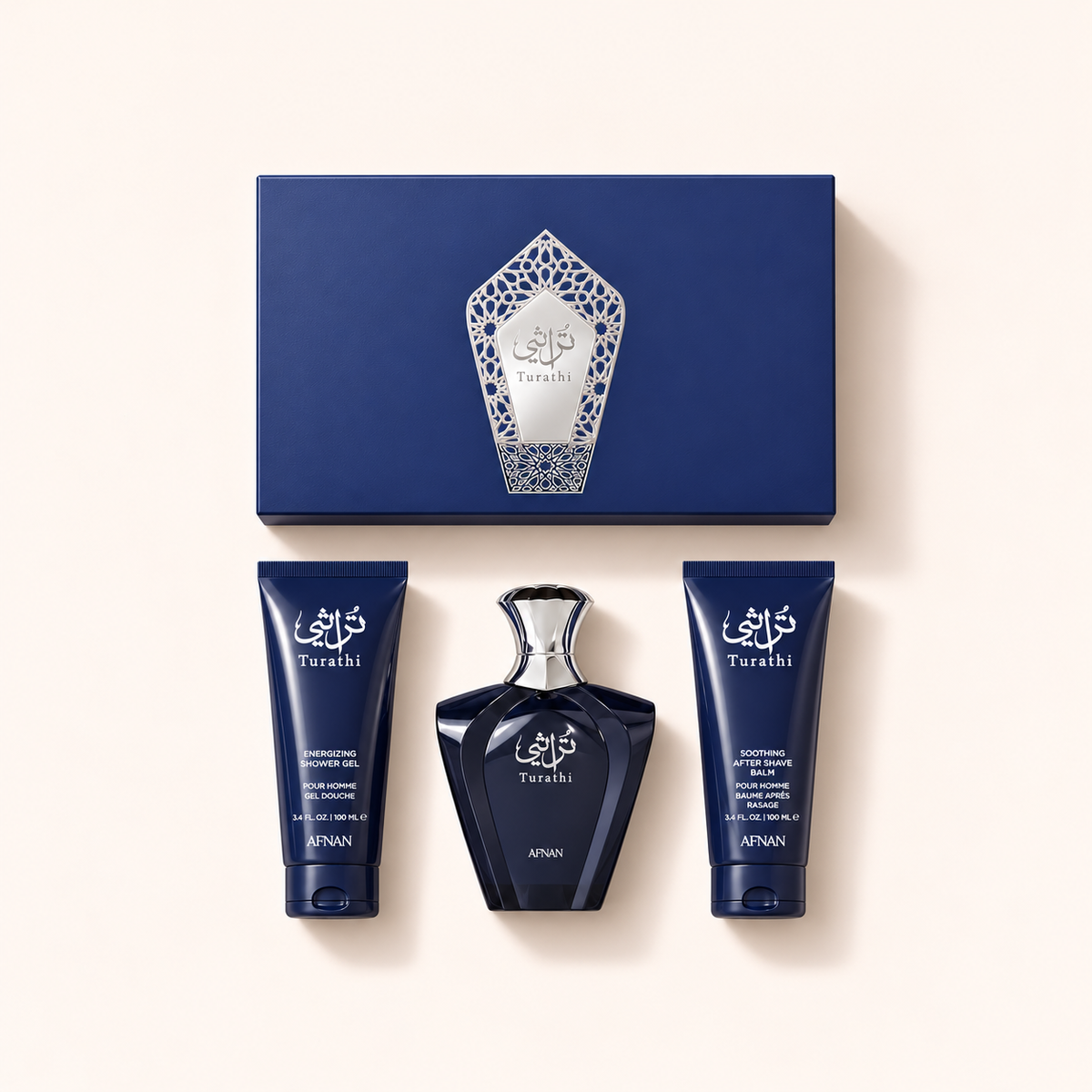 Dárkový set Afnan Turathi Blue: parfém 90 ml, sprchový gel 100 ml a balzám po holení 100 ml – MrRizz