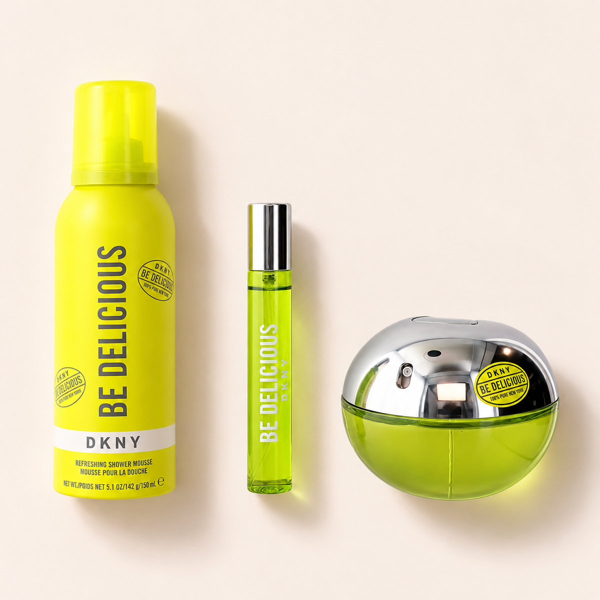 DKNY Be Delicious – dárková sada EDP 100 ml, cestovní EDP 15 ml a sprchová pěna 150 ml – MrRizz