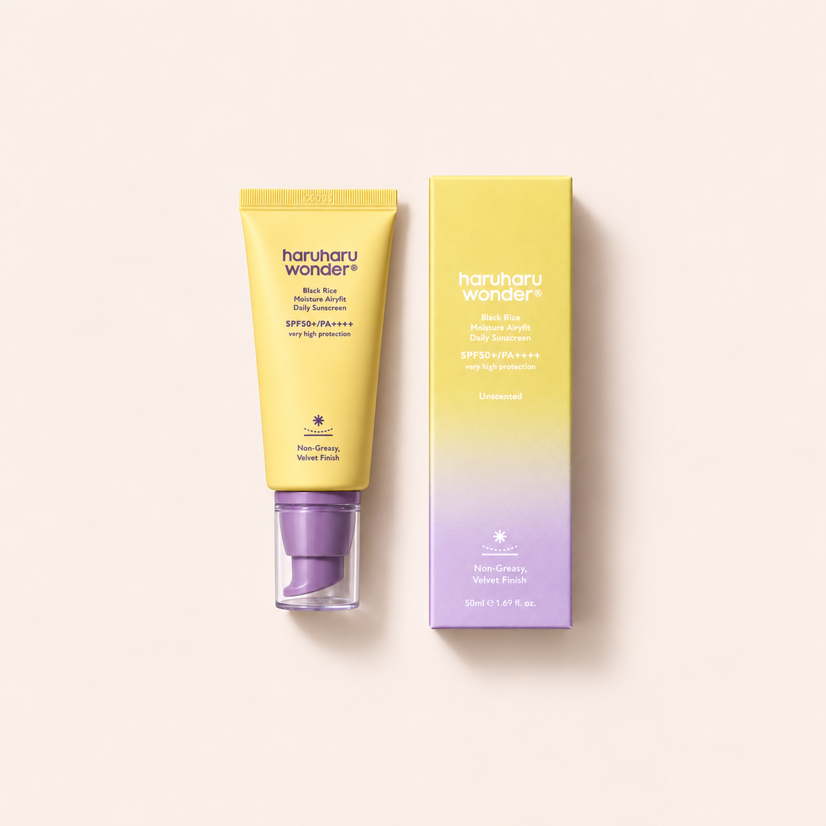 HaruHaru Wonder Black Rice Moisture Airyfit Daily Sunscreen 50 ml – výrobek s odpovídajícím obalem vleže – MrRizz
