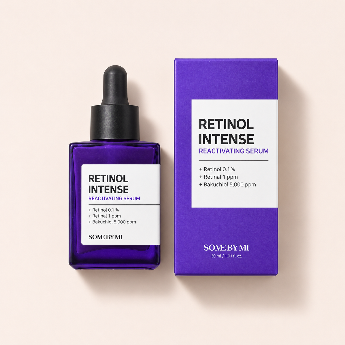 Some By Mi Retinol Intense Reactivating Serum 30 ml – výrobek s odpovídajícím obalem vleže – MrRizz