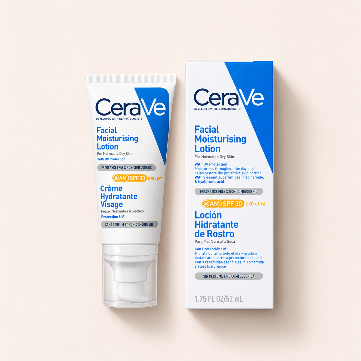 CeraVe Moisturizing Facial Lotion 52 ml – výrobek s odpovídajícím obalem vleže – MrRizz